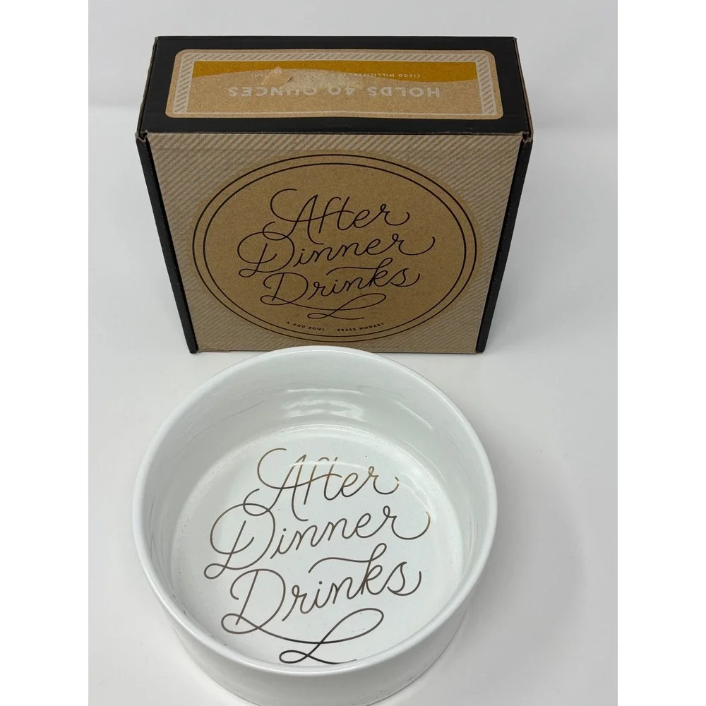 Brass Monkey After Dinner Drinks Ceramic Dog Bowl White Gold Foil lettering NIB